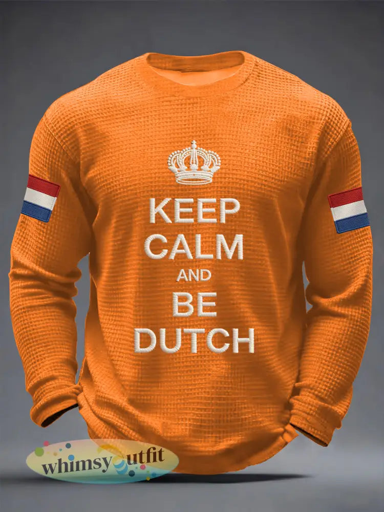 Herenhouden kalm en zijn Nederlandse print casual wafel lange mouw T-shirt - Oranje / S