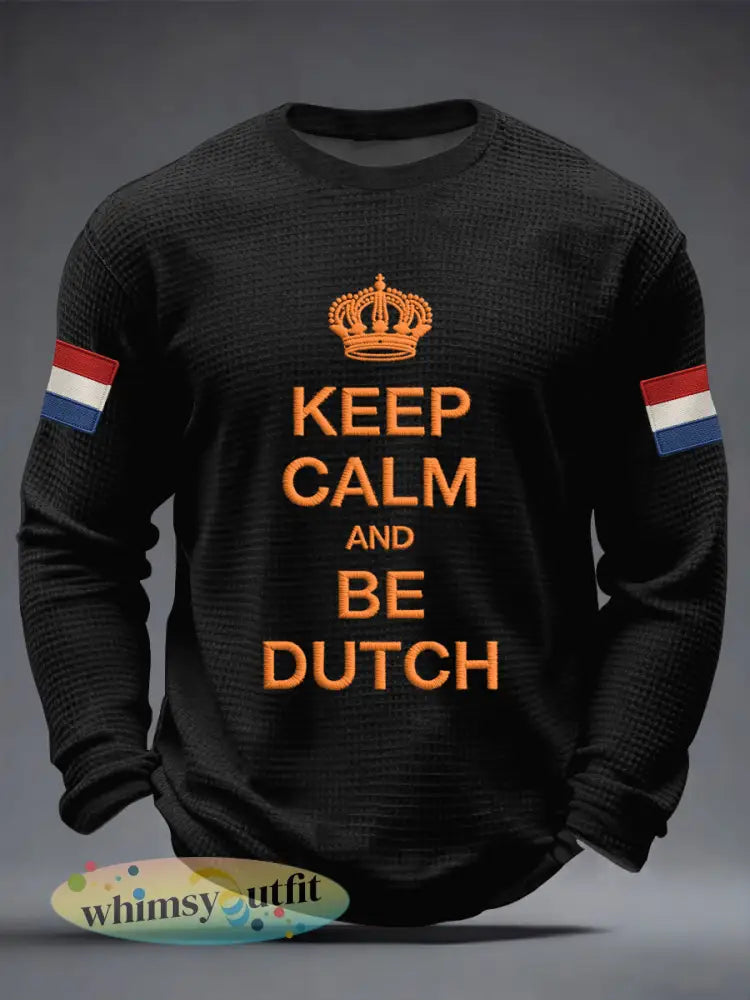Herenhouden kalm en zijn Nederlandse print casual wafel lange mouw T-shirt - Zwart / S