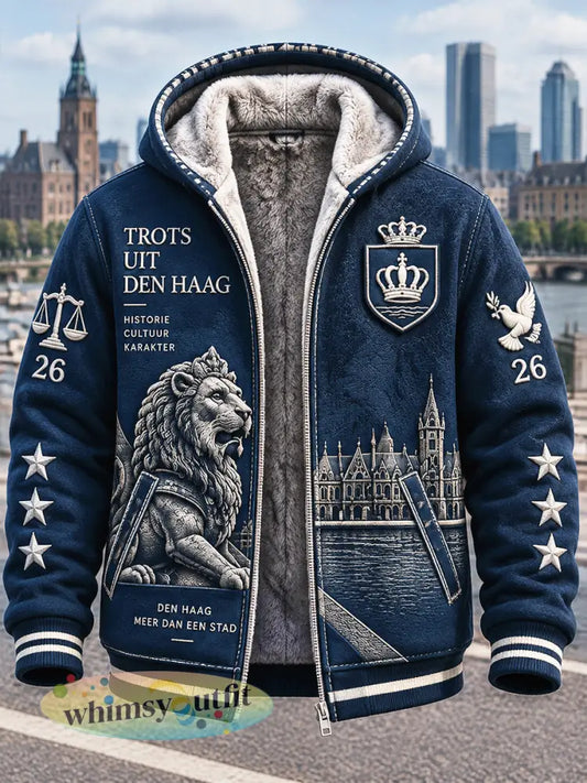 Herenjas met leeuwenprint uit Den Haag casual gevoerd met fleece en voorzien van een capuchon - Diep Blauw / S