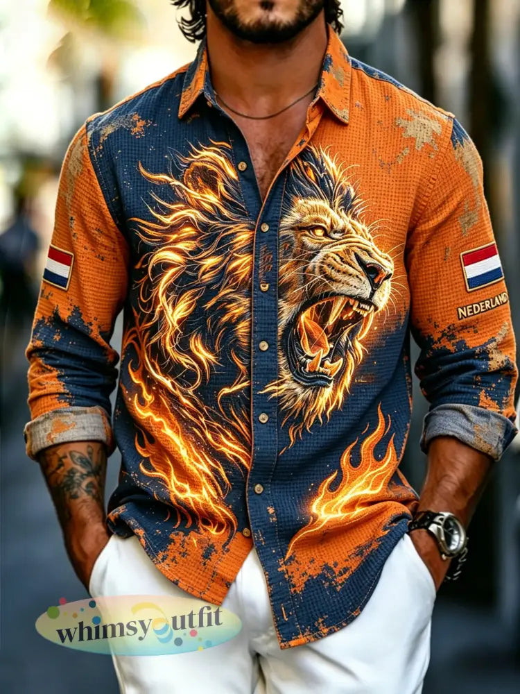 Herenjas met verweerd leeuwenmotief en wafelpatroon shirt met lange mouwen - A / S