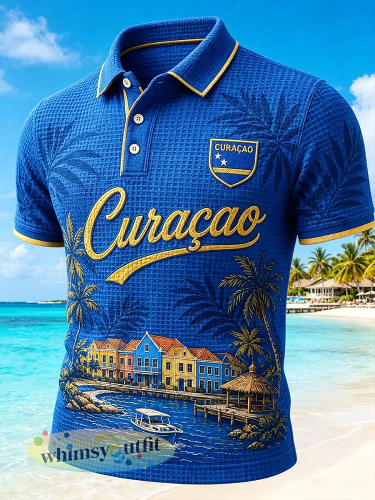 Herenjurk in eilandstijl met print gewafeld patroon en korte mouwen poloshirt - A / S