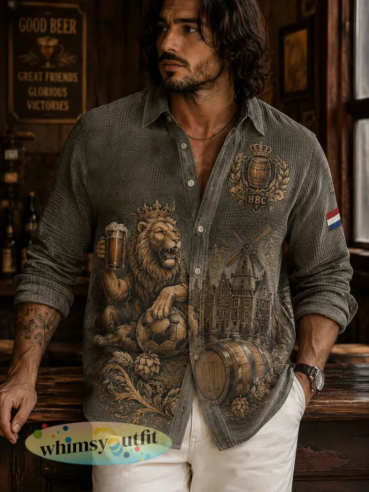 Herenjurk met leeuwenbierprint en wafelpatroon shirt met lange mouwen - A / S