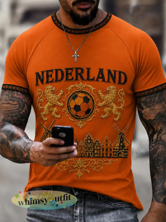 Herenkleding als cadeau voor voetbalfans: casual T-shirt met opdruk - Sinaasappel / S