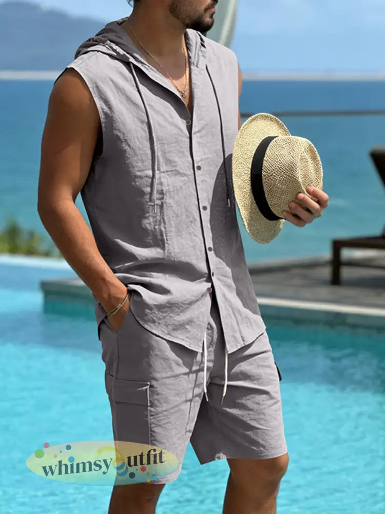 Herenlinnen mouwloos shirt met capuchon en werkbroek tweedelige set - Donkergrijs / S