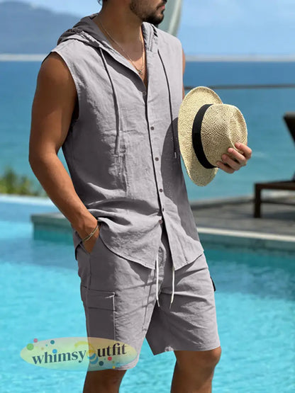 Herenlinnen mouwloos shirt met capuchon en werkbroek tweedelige set - Donkergrijs / S
