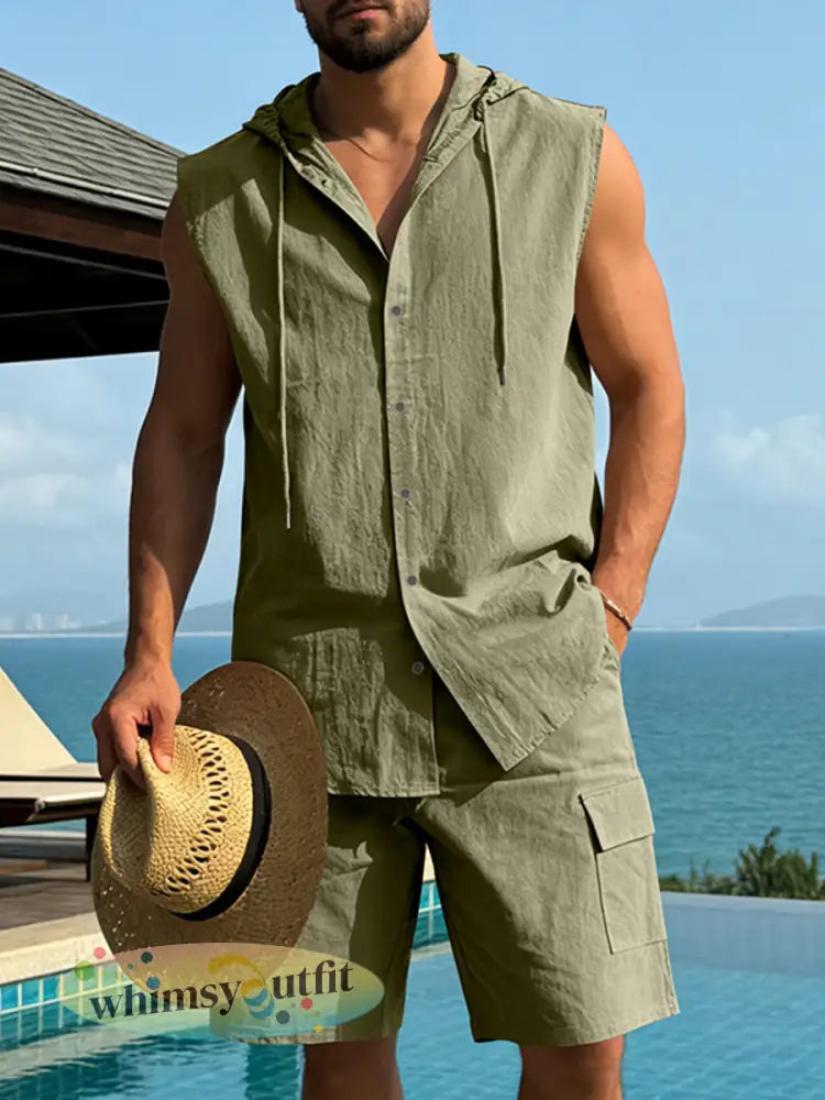 Herenlinnen mouwloos shirt met capuchon en werkbroek tweedelige set - Legergroen / S