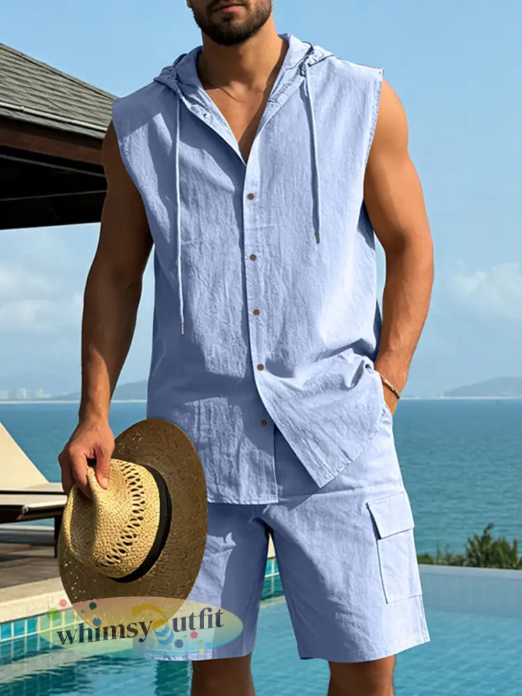 Herenlinnen mouwloos shirt met capuchon en werkbroek tweedelige set - Lichtblauw / S