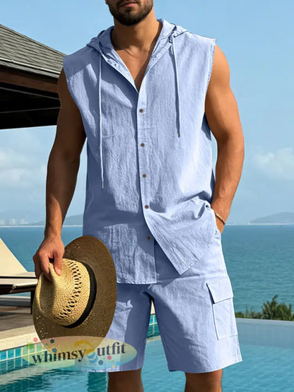 Herenlinnen mouwloos shirt met capuchon en werkbroek tweedelige set - Lichtblauw / S