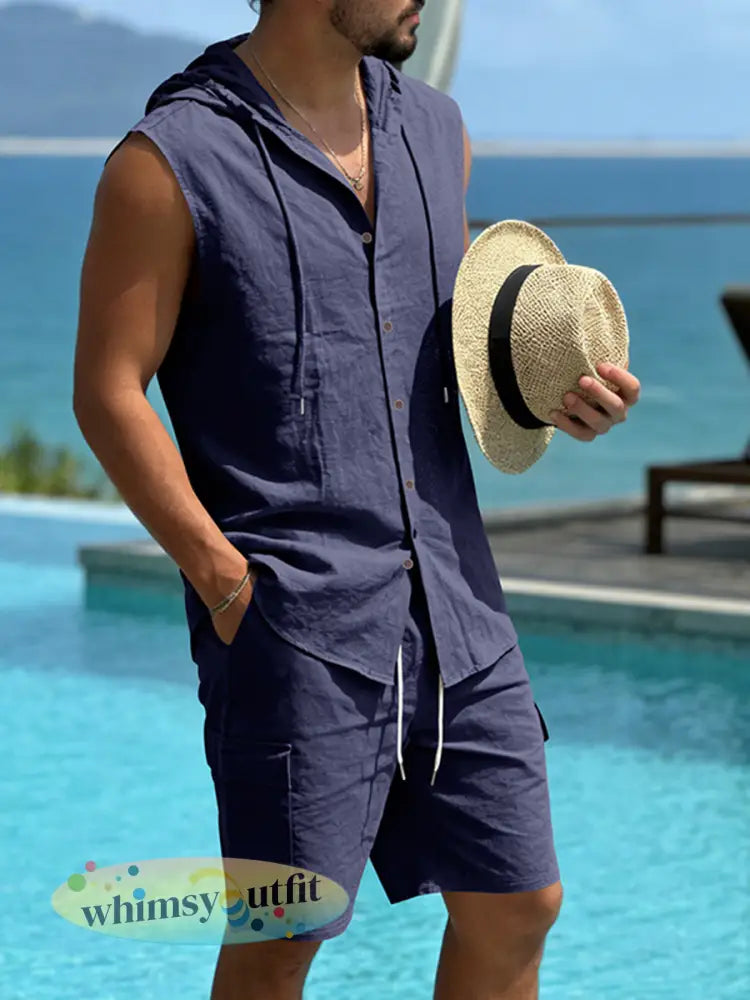 Herenlinnen mouwloos shirt met capuchon en werkbroek tweedelige set - Marineblauw / S