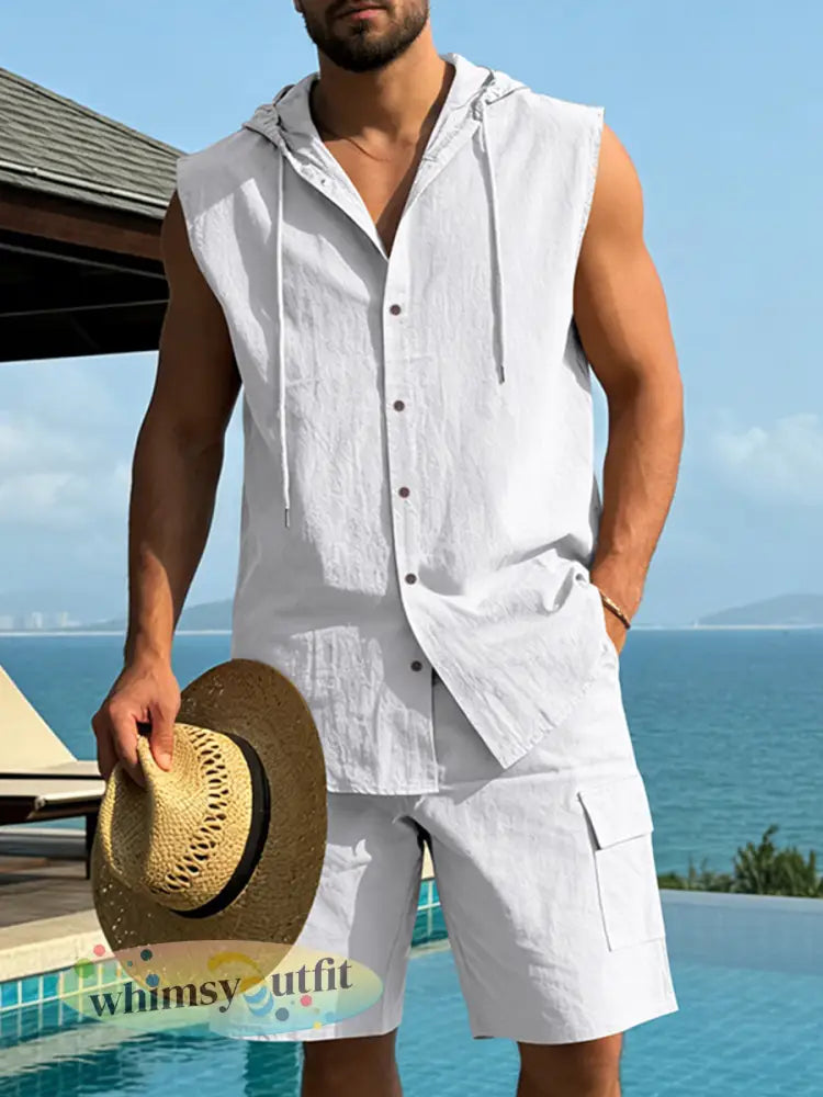 Herenlinnen mouwloos shirt met capuchon en werkbroek tweedelige set - Wit / S