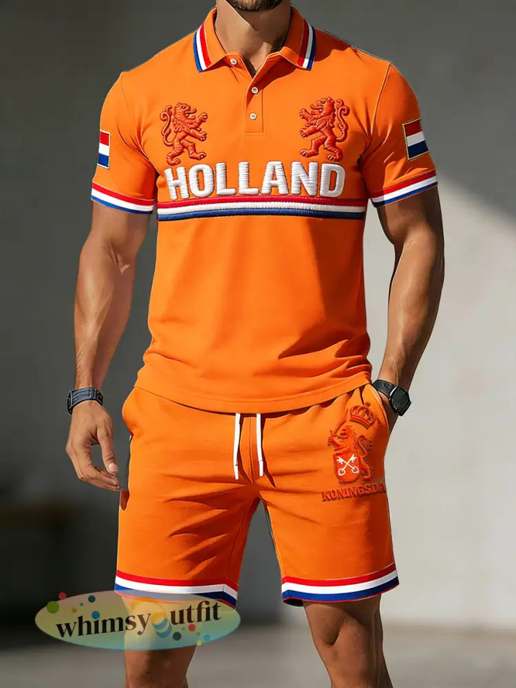 Herenoranje Holland Print Casual poloshirt en korte broek - Sinaasappel / S