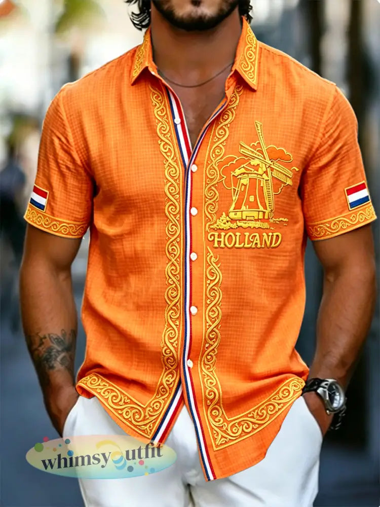 Herenoranje Hollandprint modieus shirt met korte mouwen - Sinaasappel / S