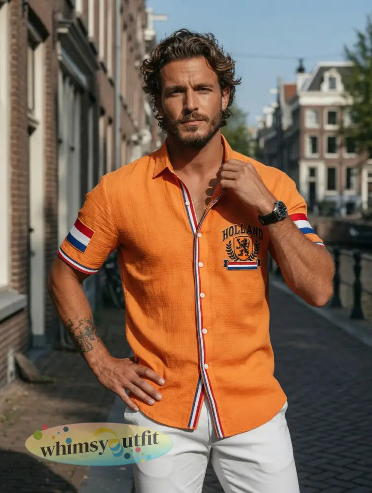 Herenoranje Hollandse vlagprint casual shirt met korte mouwen