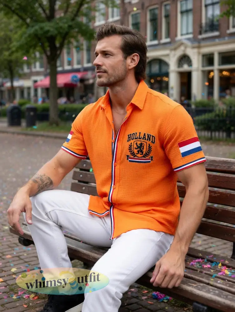 Herenoranje Hollandse vlagprint casual shirt met korte mouwen
