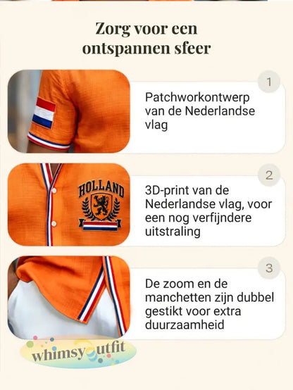 Herenoranje Hollandse vlagprint casual shirt met korte mouwen