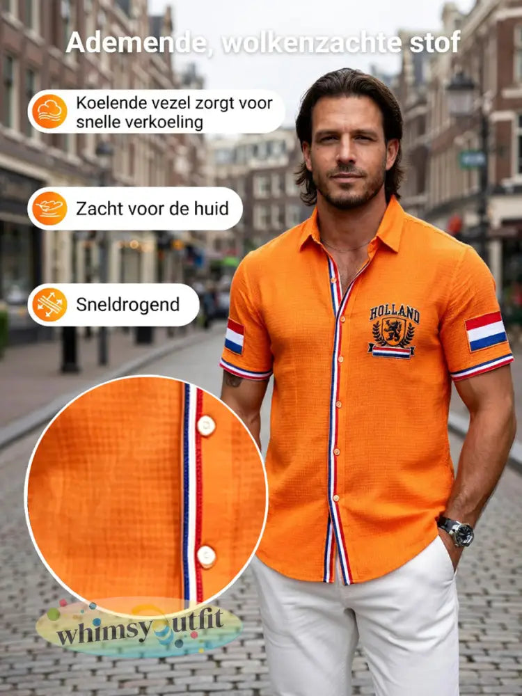 Herenoranje Hollandse vlagprint casual shirt met korte mouwen
