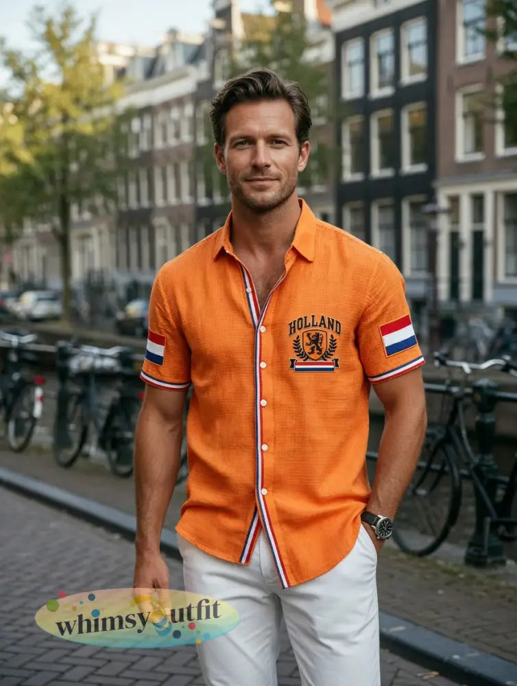 Herenoranje Hollandse vlagprint casual shirt met korte mouwen
