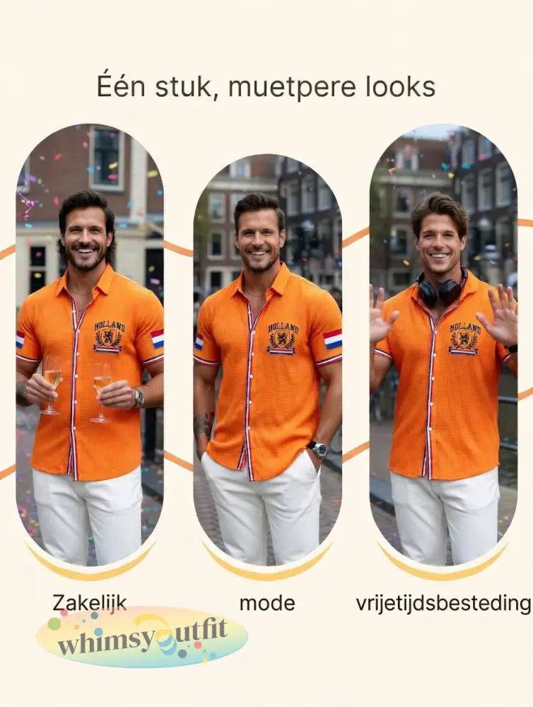 Herenoranje Hollandse vlagprint casual shirt met korte mouwen