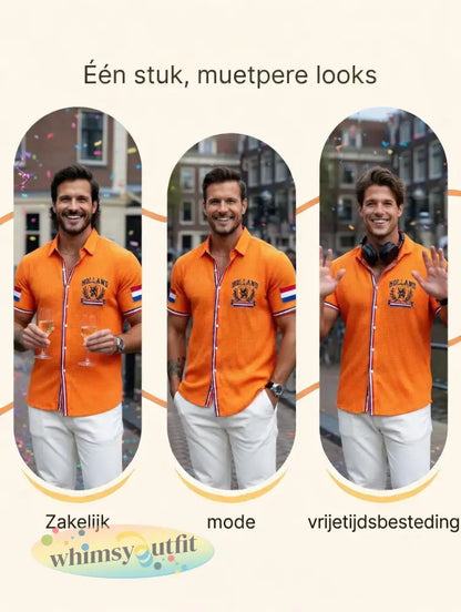 Herenoranje Hollandse vlagprint casual shirt met korte mouwen