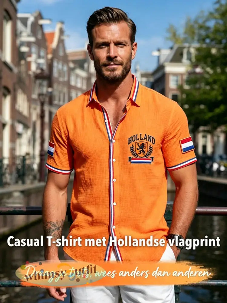 Herenoranje Hollandse vlagprint casual shirt met korte mouwen - Sinaasappel / S