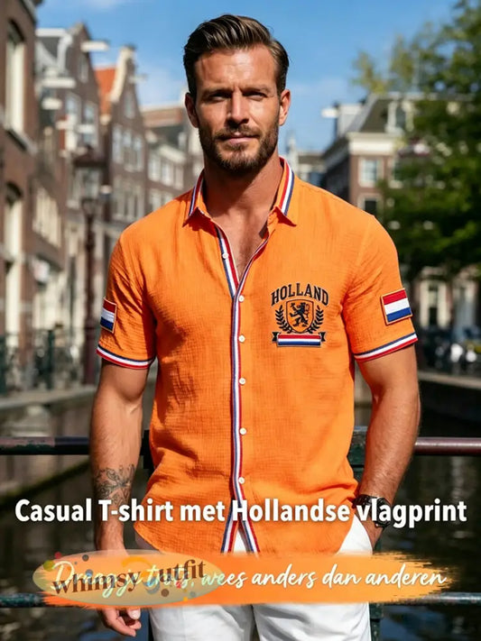 Herenoranje Hollandse vlagprint casual shirt met korte mouwen - Sinaasappel / S