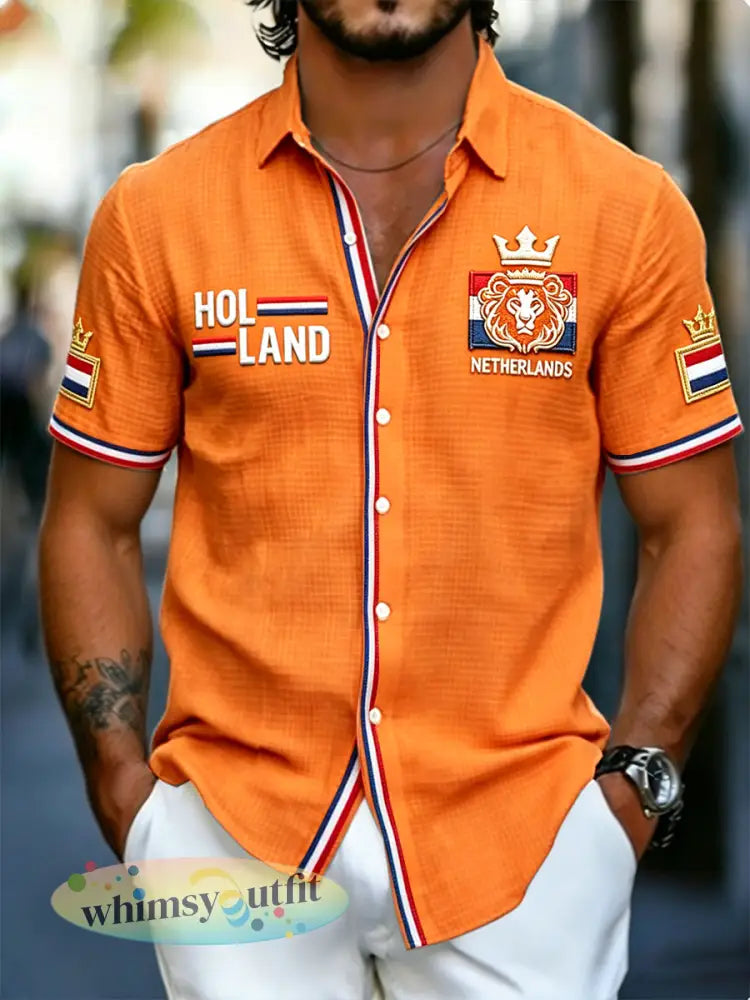 Herenoranje Nederlandse leeuwprint casual shirt met korte mouwen - Sinaasappel / S
