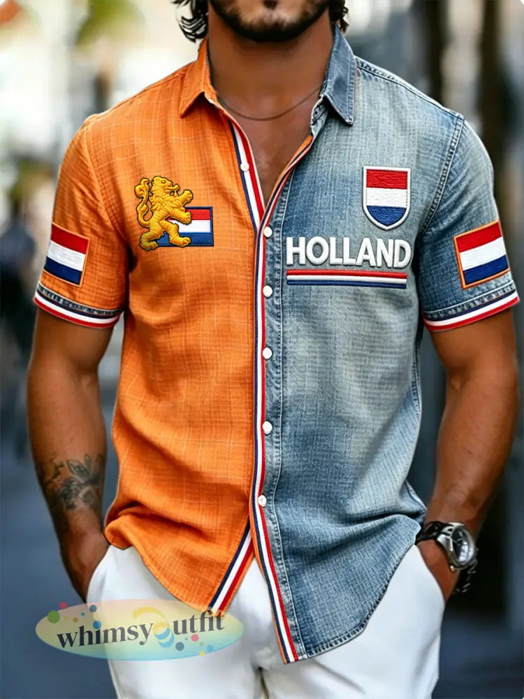 Herenoverhemd met casual patchwork en korte mouwen bedrukt met de Nederlandse vlag - Veelkleurig / S
