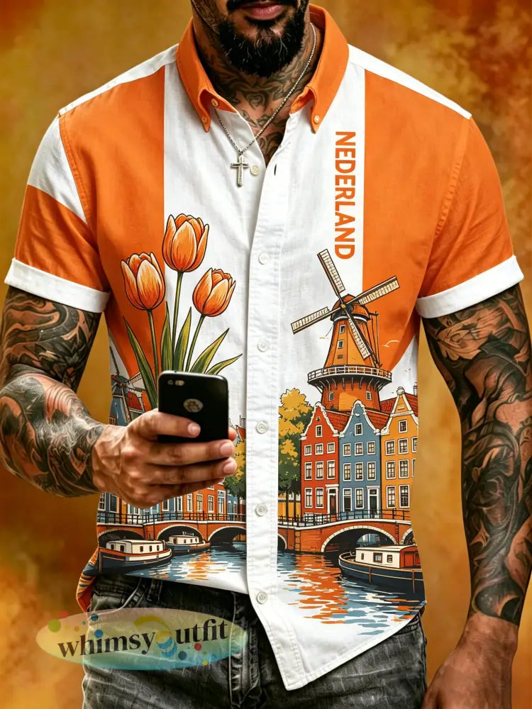 Herenoverhemd met korte mouwen en een borduurmotief geïnspireerd op etnische kunst - A / S