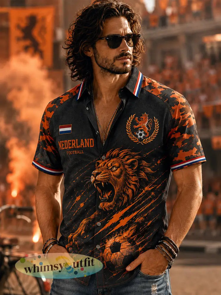 Herenoverhemd met korte mouwen en print van een leeuw en voetbal - A / S