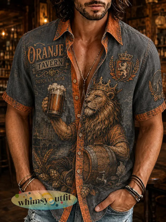 Herenoverhemd met retro leeuwen- en taverneprint en korte mouwen - A / S