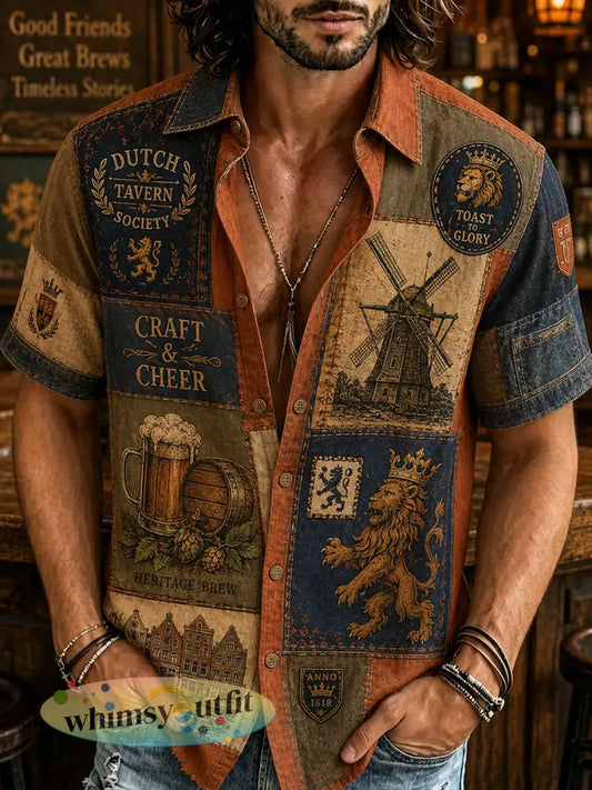 Herenoverhemd met retro leeuwen- en taverneprint en korte mouwen - A / S