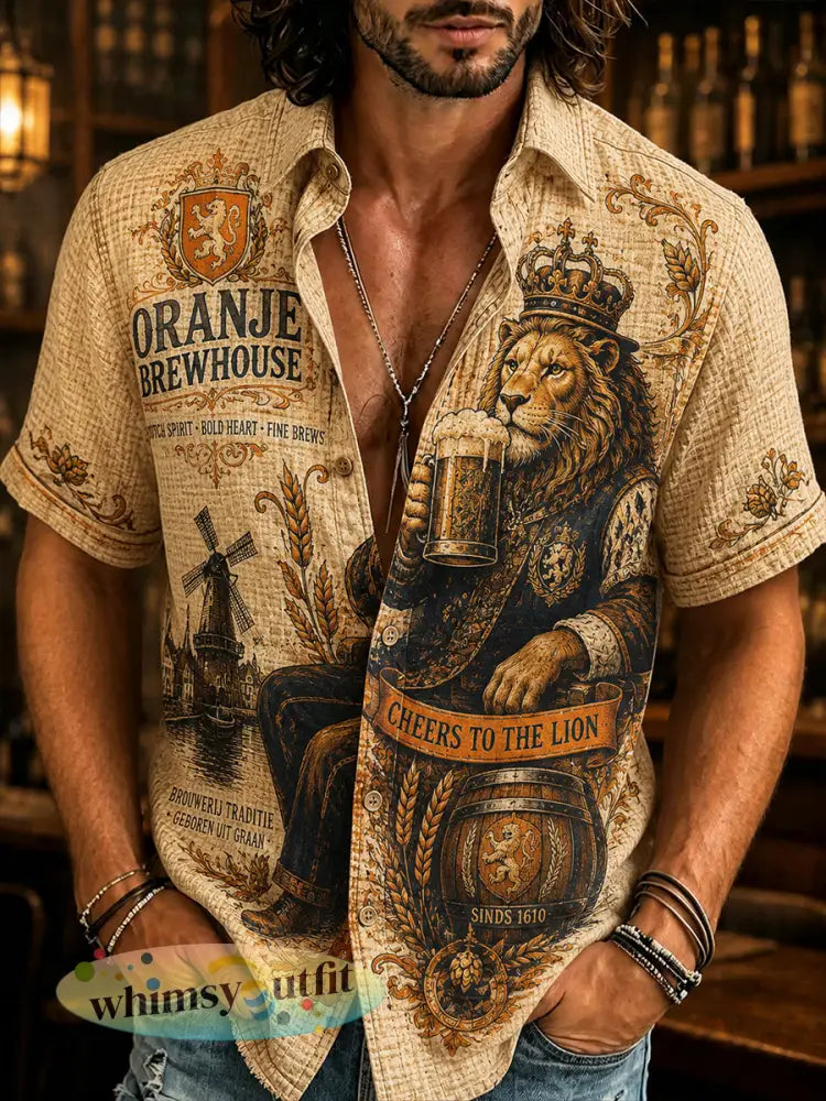 Herenoverhemd met retro leeuwen- en taverneprint en korte mouwen - A / S