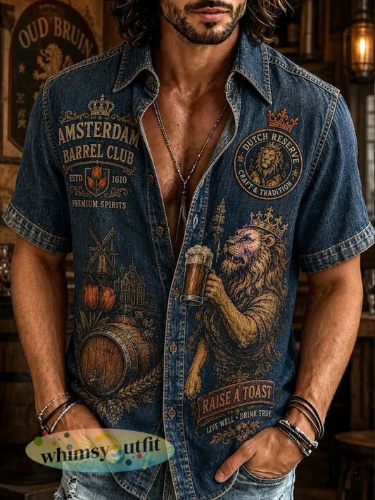 Herenoverhemd met retro leeuwen- en taverneprint en korte mouwen - A / S