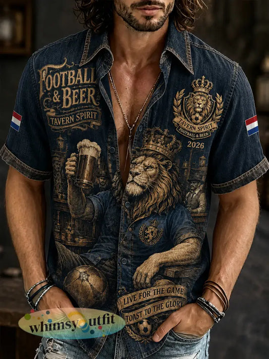 Herenoverhemd met retro leeuwen- en taverneprint en korte mouwen - A / S