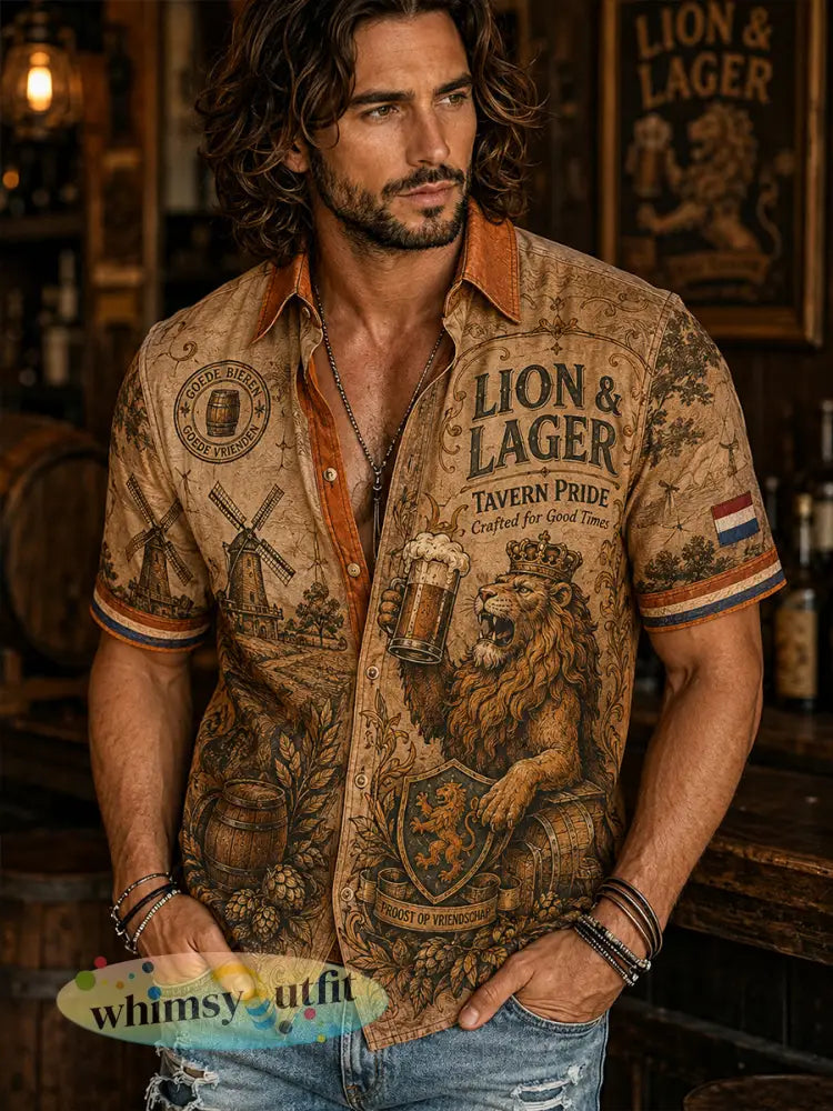 Herenoverhemd met retroprint van een leeuw en bier korte mouwen - A / S