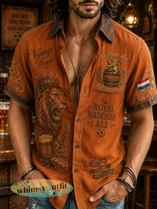 Herenoverhemd met retroprint van een leeuw en bier korte mouwen - A / S