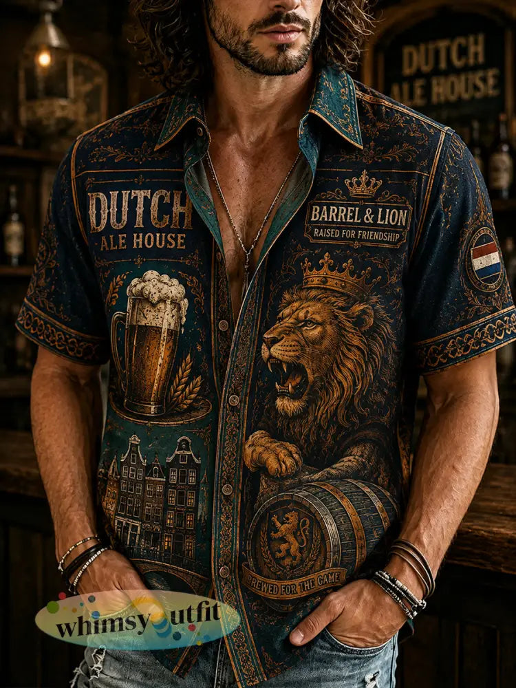 Herenoverhemd met retroprint van een leeuw en bier korte mouwen - A / S