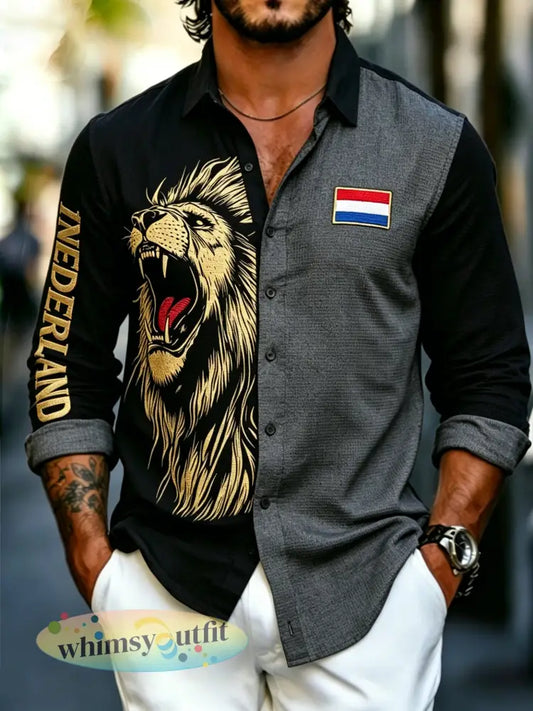 Herenoverhemd met wafelstructuur en leeuwenprint gedragen look lange mouwen - A / S