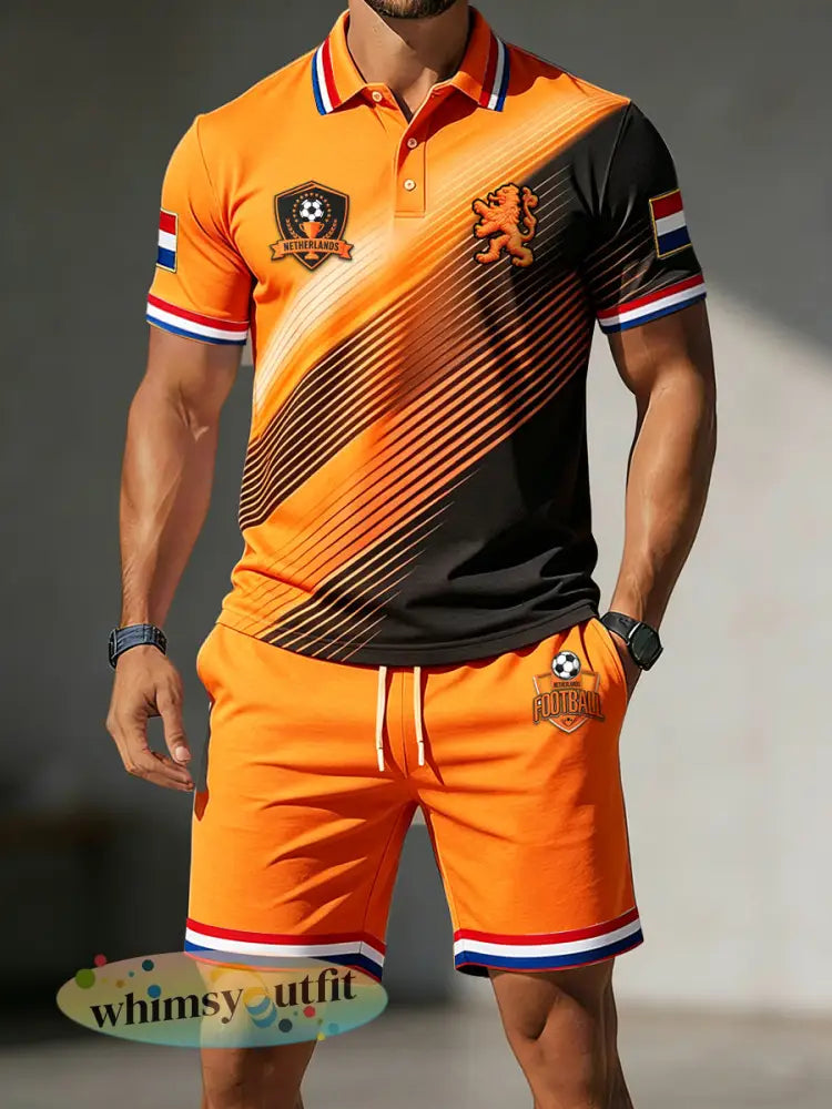 Herenpolo en -shorts set met gestreepte print in Nederlandse stijl voor vrijetijdssport - Sinaasappel / S