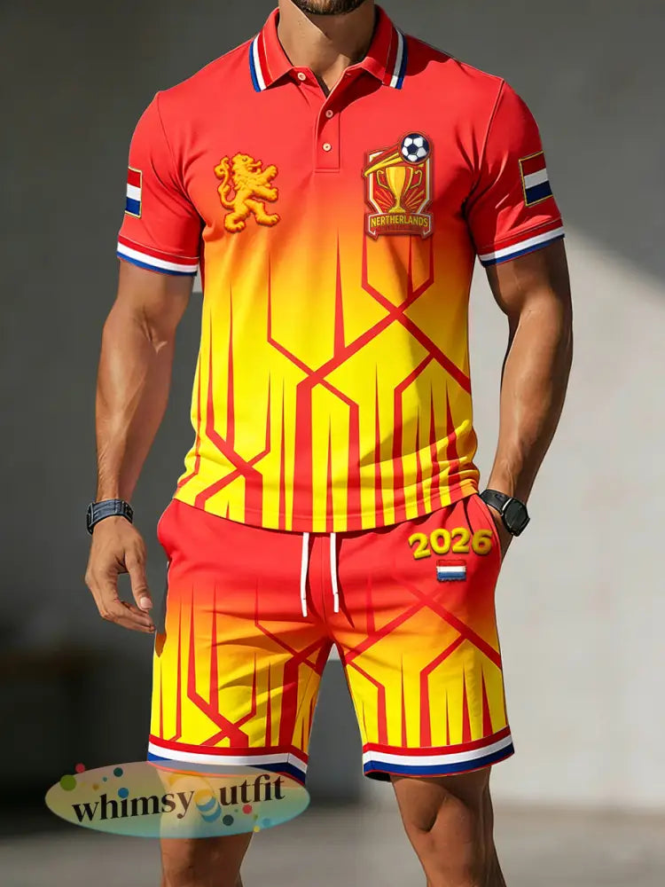 Herenpolo en -shorts set met kleurverloop in rood en Nederlandse voetbalprint casual styl - Rood / S