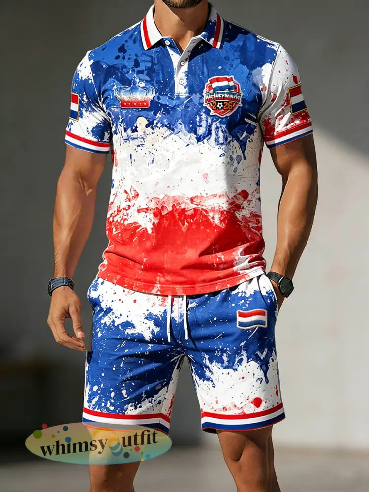 Herenpolo en shortsset met grafische print van de Nederlandse vlag casual stylerei - Veelkleurig / S
