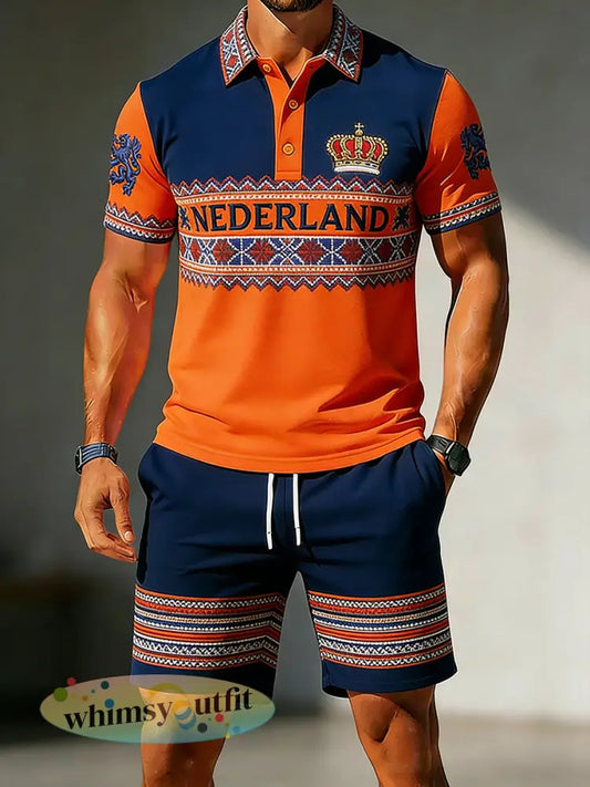 Herenpolo- en shortsset met kleurblokken en Koningsdagthema - A / S