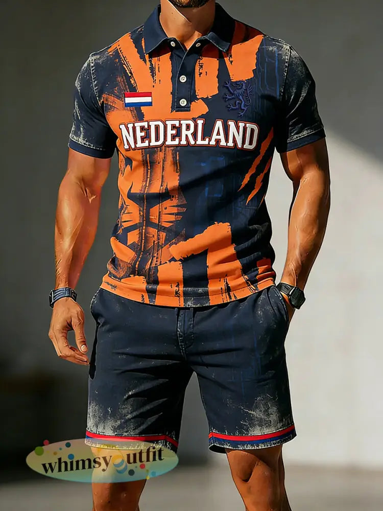 Herenpolo- en shortsset met kleurblokken en Koningsdagthema - A / S