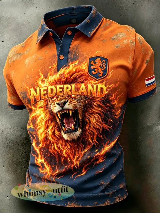 Herenpolo in distressed-stijl casual met vurig leeuwenmotief - A / S