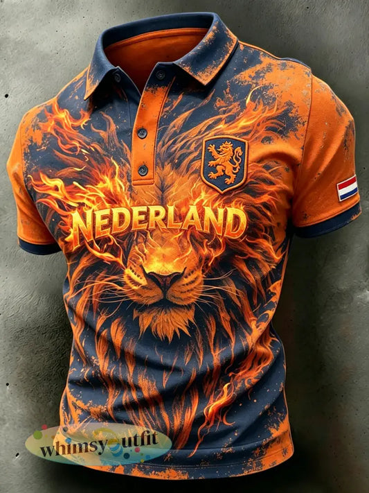 Herenpolo in distressed-stijl casual met vurig leeuwenmotief - A / S