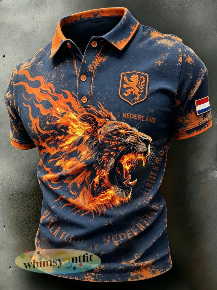 Herenpolo in distressed-stijl met vlam- en leeuwenprint - A / S