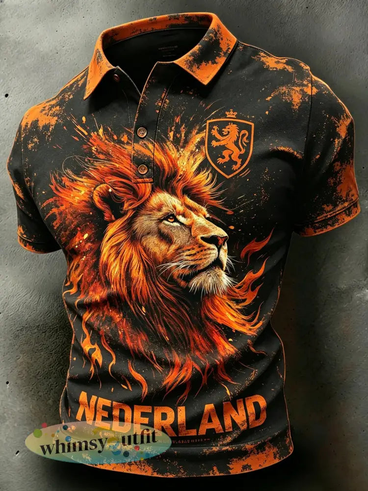 Herenpolo in distressed-stijl met vlam- en leeuwenprint - A / S