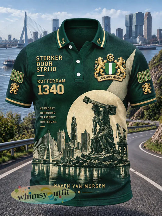 Herenpolo in groen met architecturaal patchworkmotief uit Rotterdam casual stijl - Groen / S