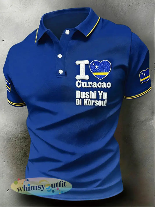 Herenpolo in marineblauw met hartjesprint casual stijl - Blauw / S