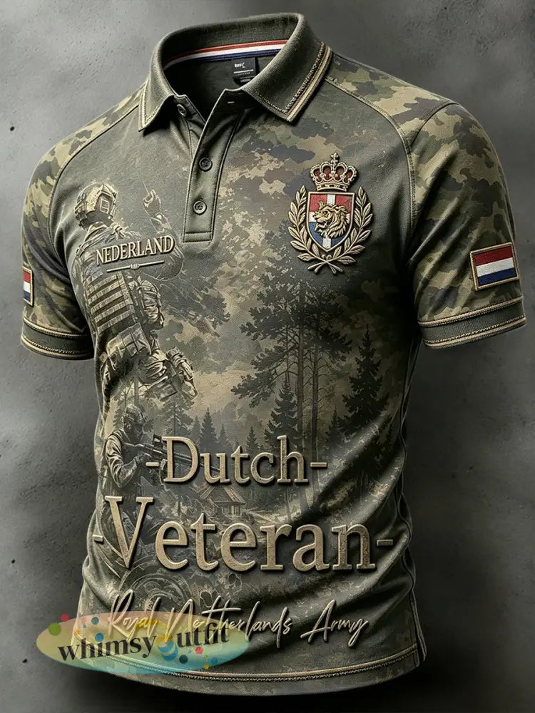 Herenpolo in retrocamouflagestijl geïnspireerd op het Nederlandse leger met casual pasvorm - Groene Leger / S